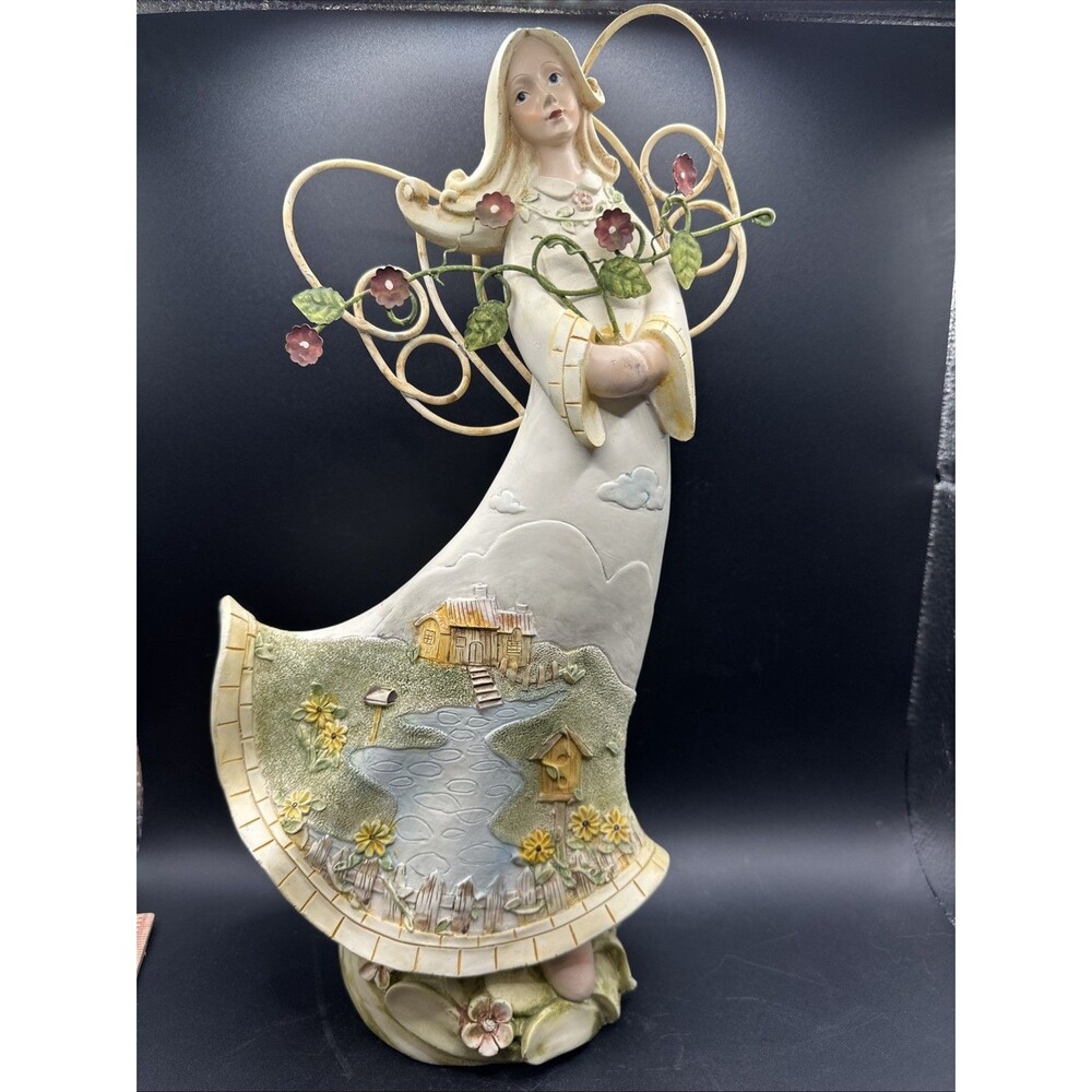 White Wire Wings Angel Figurine With Country House Stream Scene Holding Flowers